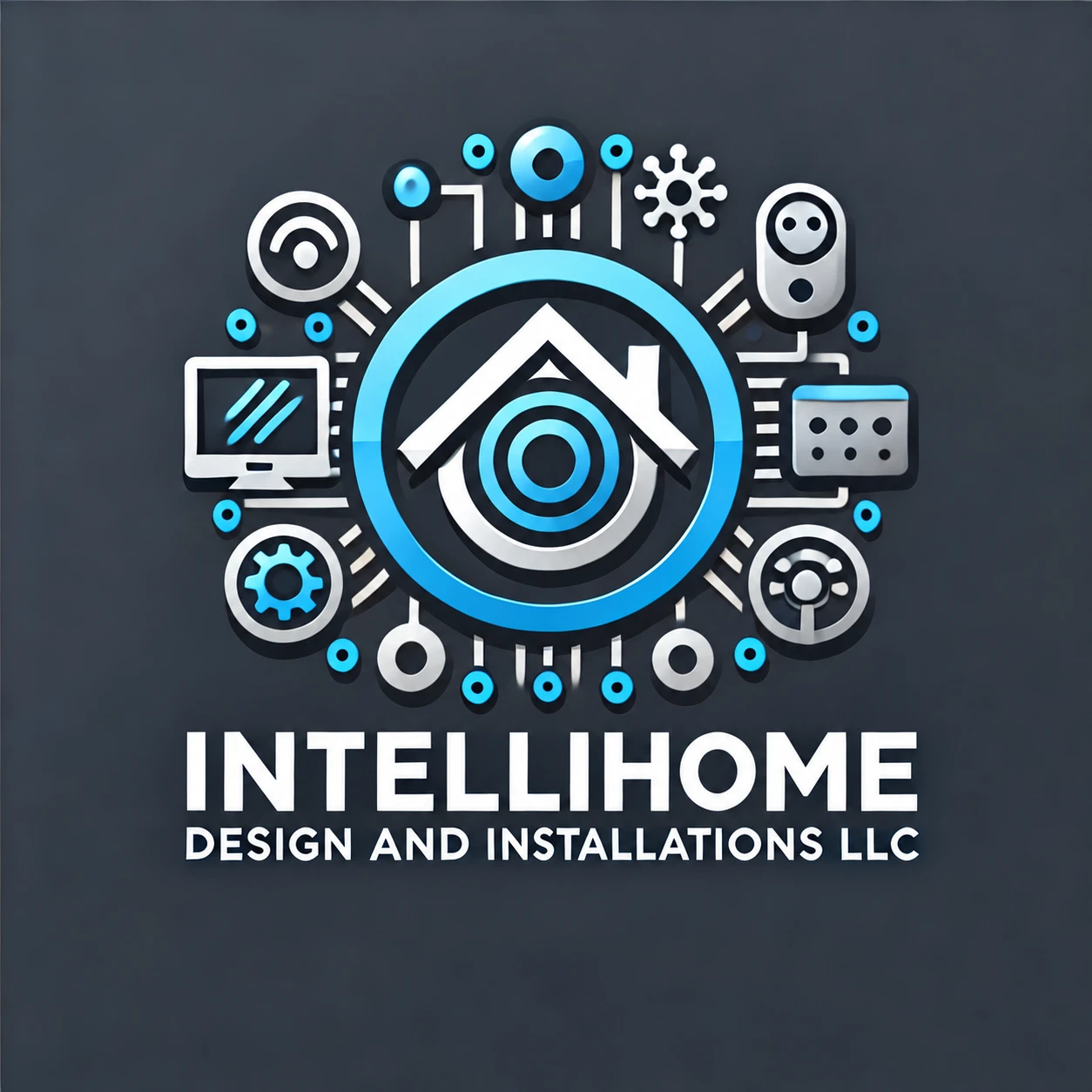 IntelliHome Design and Installations LLC logo: a house inside a blue ring surrounded by smart-home device icons